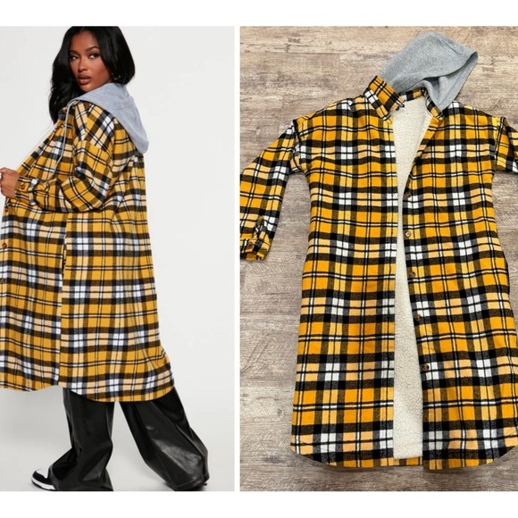 Fashion Nova Jackets & Blazers - Fashion Nova Yellow and Black Plaid Utility Hooded Fleece Jacket/Shacket